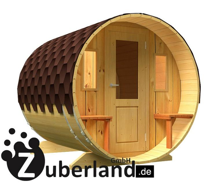 Bild 4: Fasssauna, Saunafass, Sauna (Länge 2, 4m, Durchmesser 2, 2m) mit Holzofen