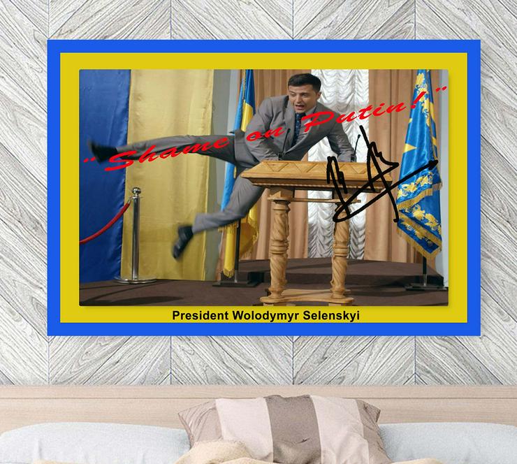 Ukraine Präsident Wolodymyr Zelenskyi.  Signiertes Wandbild. Souvenir. Geschenkidee. Wandschmuck. Zimmerdeko. Kunstdruck. Memorabilie. Unikat. Brandneu!