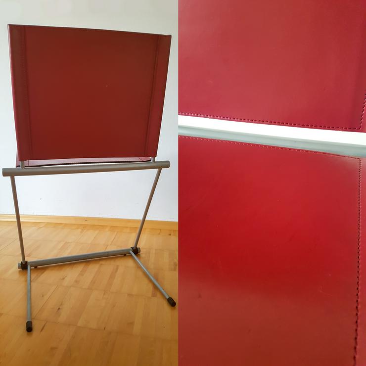 Stuhl, Leder rot, Aluminium Chrom matt, B/T/H 53 × ca. 50 × 80 cm