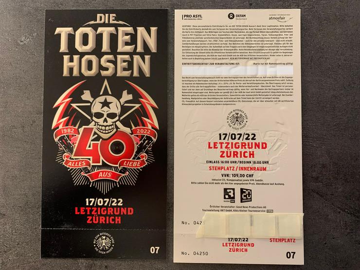 2 Stehplatz Tickets für Die Toten Hosen, So. 17.07.2022 Zürich