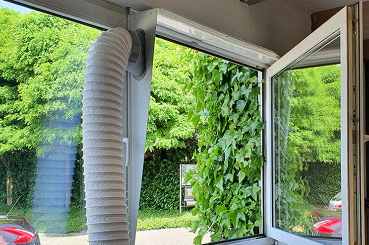 Bild 3: Fensterabdichtung, Klimageräteanschluss, Abluftschlauch Fenster ohne kleben oder bohren