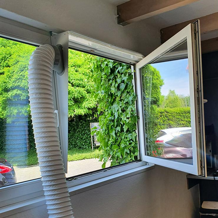 Bild 12: Fensterabdichtung, Klimageräteanschluss, Abluftschlauch Fenster ohne kleben oder bohren