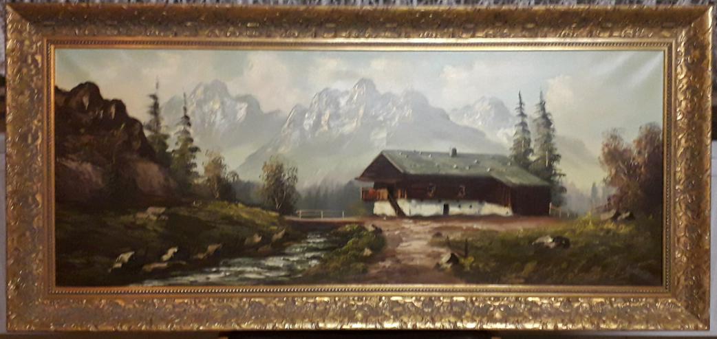 Altes Bild mit Hütte in den Bergen