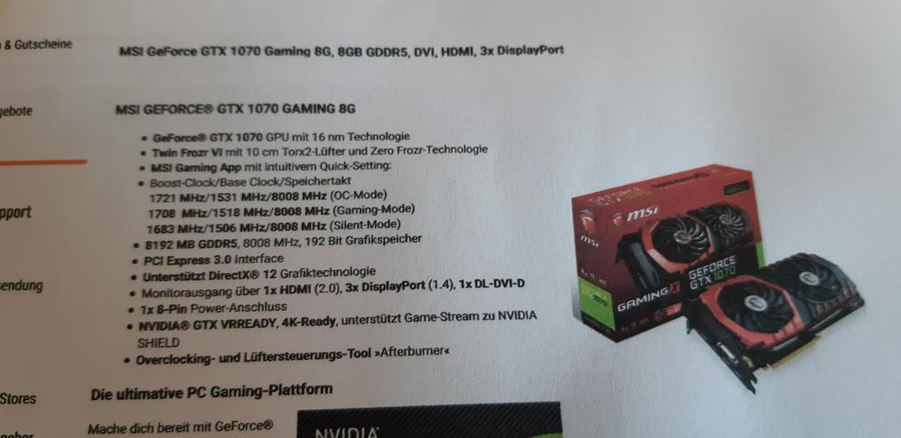 MSI GeForce GTX 1070 Gaming 8G/8GB GDDR5,DVI,HDMI,3xDP-Port - Grafikkarten, TV-Schnittkarten & Zubehör - Bild 4