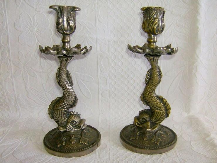 Alter Paar Bronze Kerzenhalter. Fisch - Weitere - Bild 2