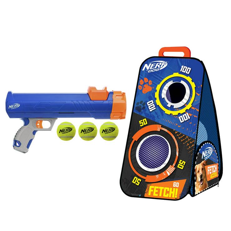 Bild 1: Nerf Dog Tennisball Blaster mit Zielscheibe