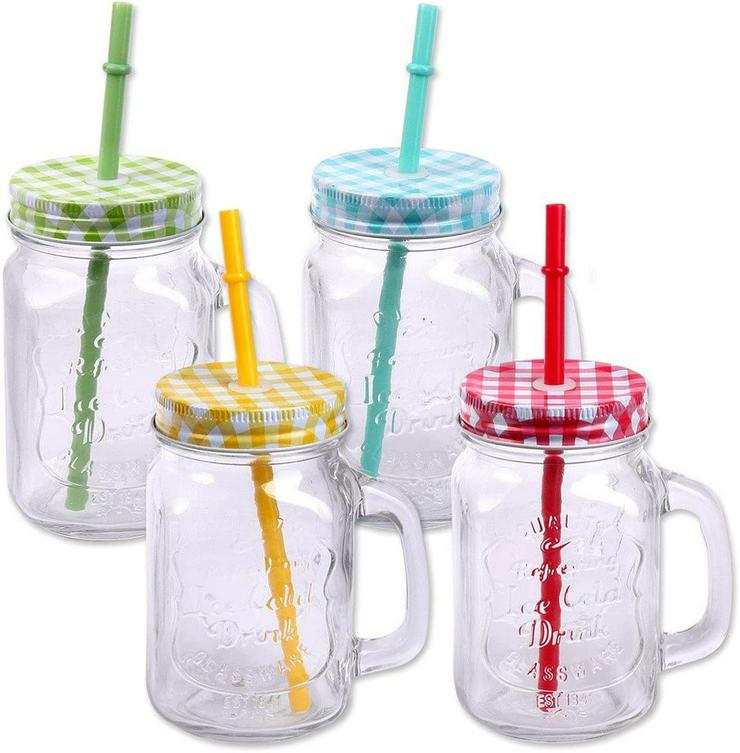 Trinkgläser mit Deckel, Henkel und Mehrweg -Strohhalm - Gläser - Bild 1
