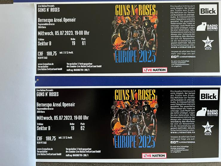 2 Guns n' Roses Sitzplätze Sektor B, Mi. 05.07.2023 Bern (CH)
