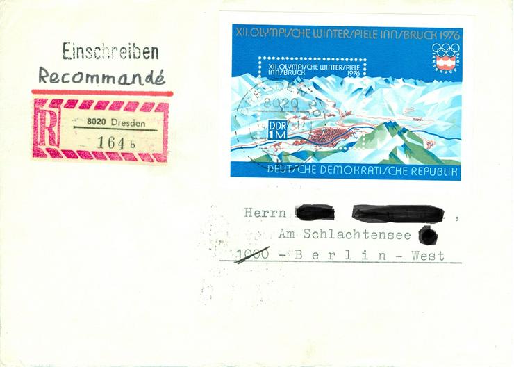 Bild 1: DDR Einschreiben mit Nr. 2105 ( Bl.43 ), Adressdaten wurden hier aus Datengründen unkenntlich gemacht, auf dem Brief sind diese aber vorhanden.  