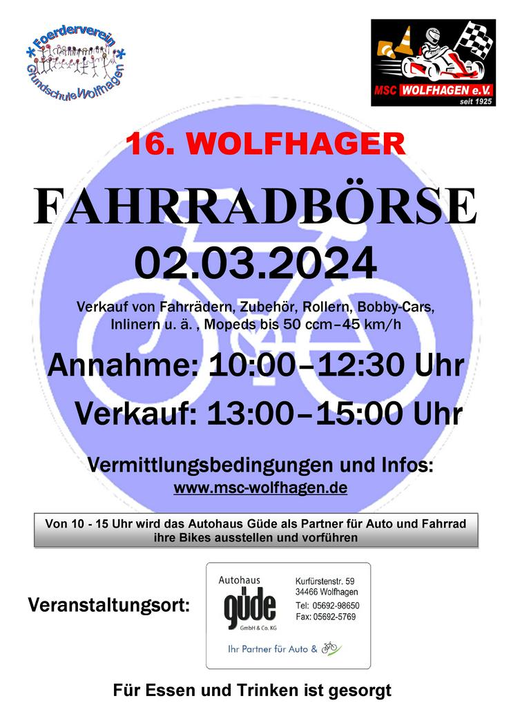 16. Wolfhager Fahrradbörse im Autohaus Güde am 2. März 2024