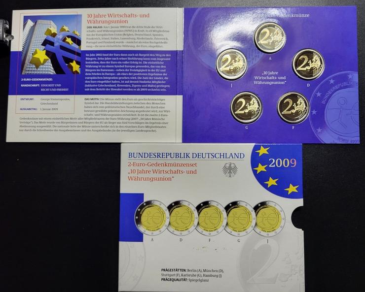 5 x 2 Euro BRD 2009 "10 Jahre Wirtschafts-u.Währungsunion" PP, Neu, OVP - Münzen - Bild 1