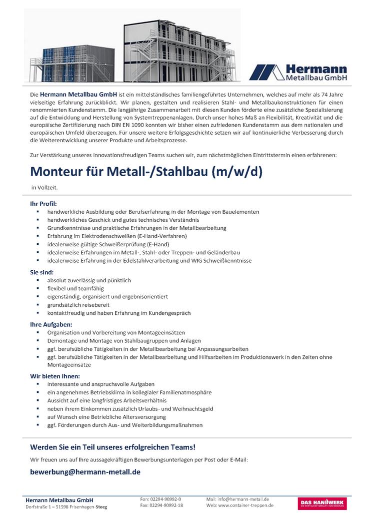 Monteur für Metall-/Stahlbau (m/w/d) - Schlosser, Schweißer & Spengler - Bild 2