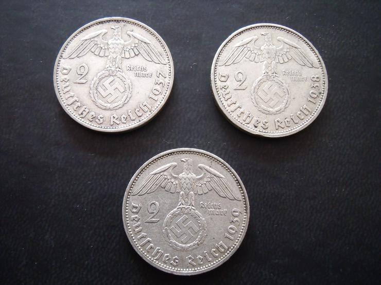 Bild 3: 2 Reichsmark 3 St Hindenburg - Deutsches Reich  1937-39  silber + Geschenk Briefmarke.