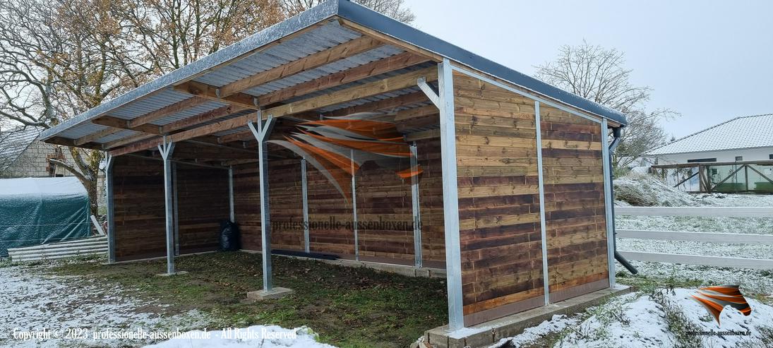 Bild 16: TOP Unterstand für Pferde – Pferdeunterstand, Weideunterstand, Weidehütte, Offenstall bauen – Pferdehof, Lagerhalle, Maschinenhalle, Laufstall für Pferde.