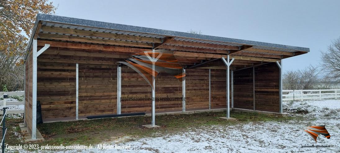 Bild 17: TOP Unterstand für Pferde – Pferdeunterstand, Weideunterstand, Weidehütte, Offenstall bauen – Pferdehof, Lagerhalle, Maschinenhalle, Laufstall für Pferde.