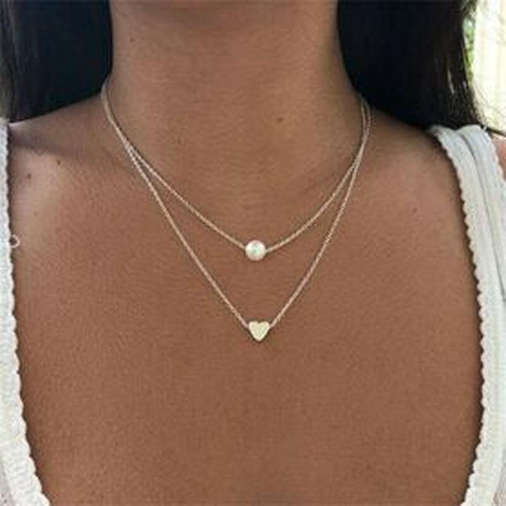  doppelte Halskette + Herz Anhänger silber mit Perle Kette Liebe Geschenk modern