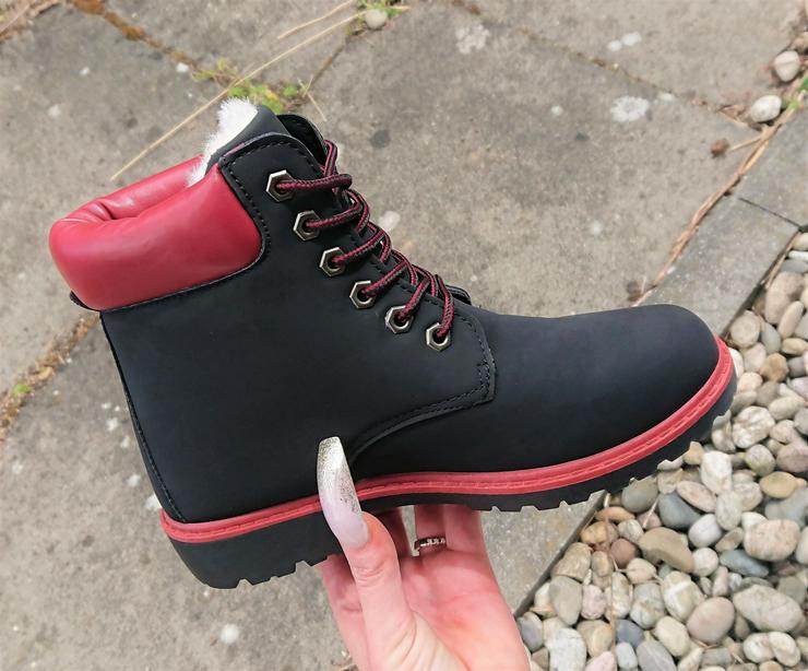 Gr. 37 + 38, gefütterte Schnür- Stiefelletten / Boots in schwarz-rot