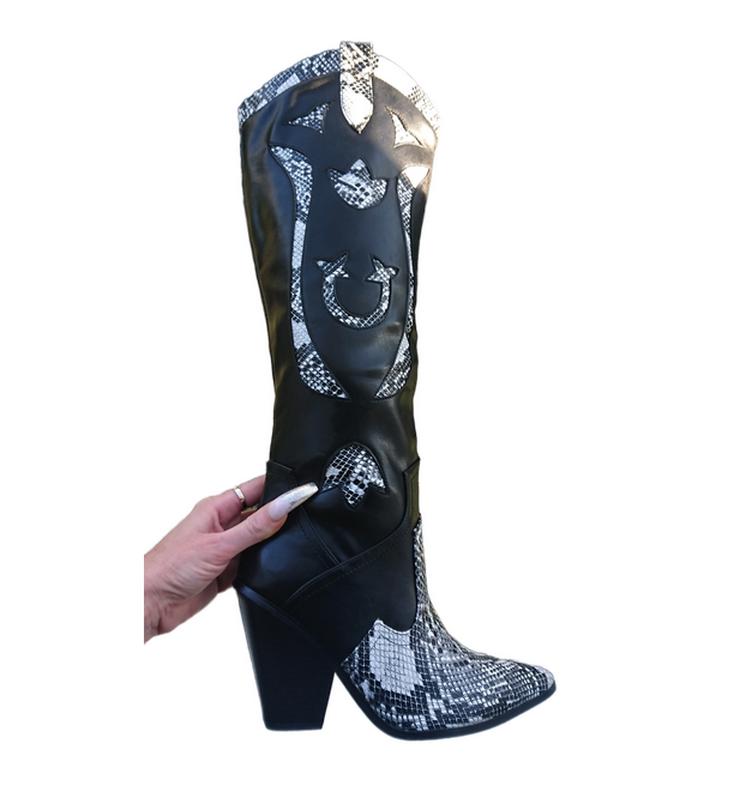 Gr. 38 + 41 Western / Cowboy Overknee Stiefel - "snake" Design, schwarz-weiß ( Sergio Todzi )