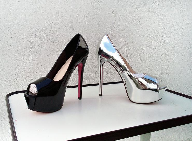 Bild 7: Gr. 41 - 44, sexy Plateau High Heels Peeptoe Pumps, LACK schwarz + silber ( Sohle pink )