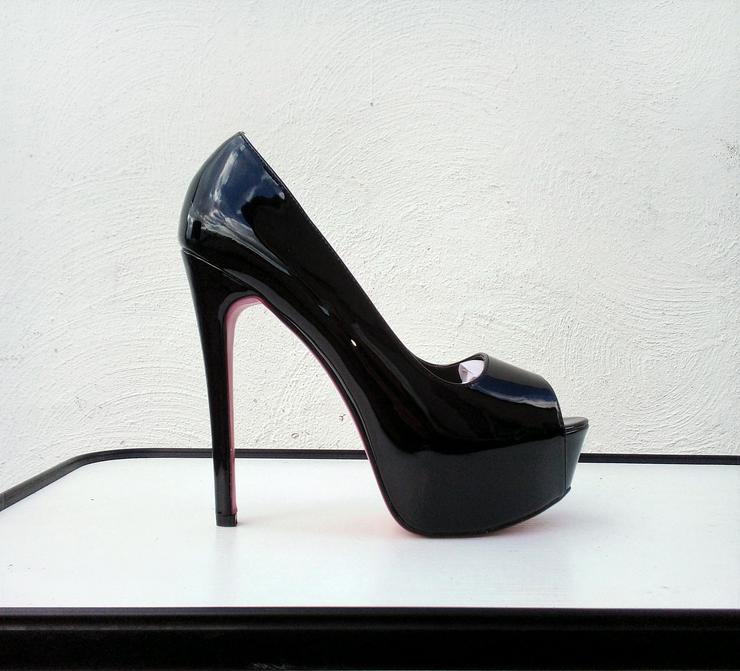 Bild 12: Gr. 41 - 44, sexy Plateau High Heels Peeptoe Pumps, LACK schwarz + silber ( Sohle pink )