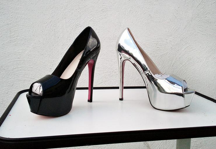 Bild 11: Gr. 41 - 44, sexy Plateau High Heels Peeptoe Pumps, LACK schwarz + silber ( Sohle pink )