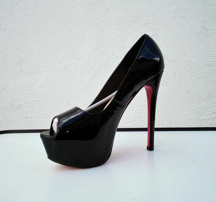 Bild 14: Gr. 41 - 44, sexy Plateau High Heels Peeptoe Pumps, LACK schwarz + silber ( Sohle pink )