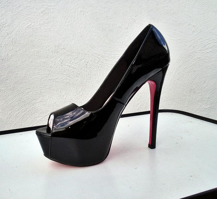 Gr. 41 - 44, sexy Plateau High Heels Peeptoe Pumps, LACK schwarz + silber ( Sohle pink )