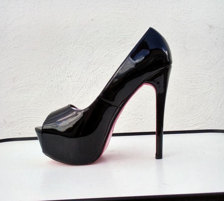 Bild 10: Gr. 41 - 44, sexy Plateau High Heels Peeptoe Pumps, LACK schwarz + silber ( Sohle pink )