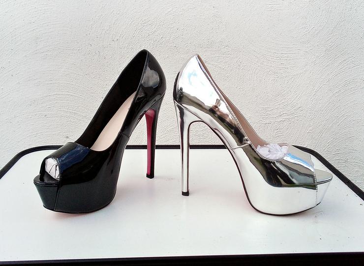 Bild 9: Gr. 41 - 44, sexy Plateau High Heels Peeptoe Pumps, LACK schwarz + silber ( Sohle pink )