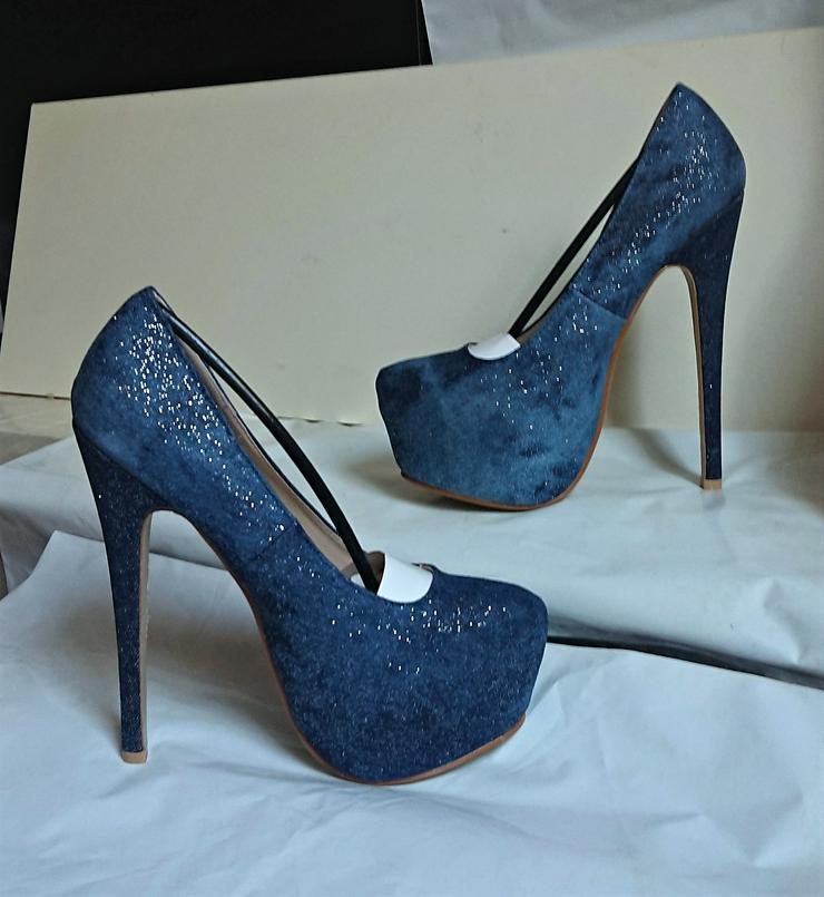 Bild 7: Gr. 37, sexy High Heels Plateau Pumps, Jeans dunkelblau, GLITZER