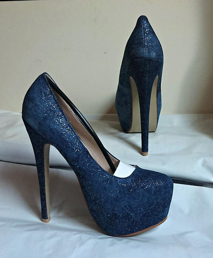 Bild 8: Gr. 37, sexy High Heels Plateau Pumps, Jeans dunkelblau, GLITZER