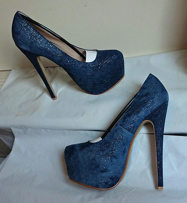 Bild 6: Gr. 37, sexy High Heels Plateau Pumps, Jeans dunkelblau, GLITZER