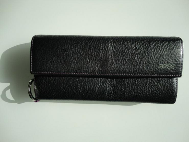 BREE Portemonnaie Leder schwarz, lila Nähte, Schlüsselring