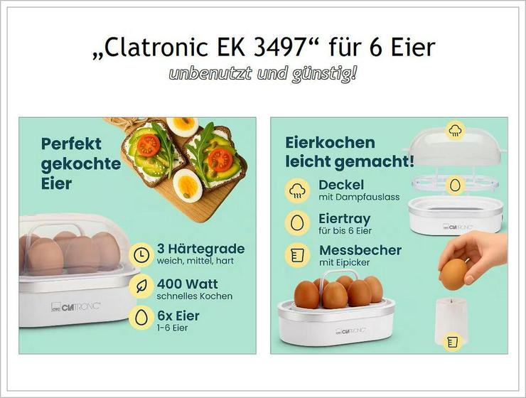 Bild 2: Elektrischer Eierkocher „CLATRONIC EK 3497“ für 6 Eier, unbenutzt & günstig!