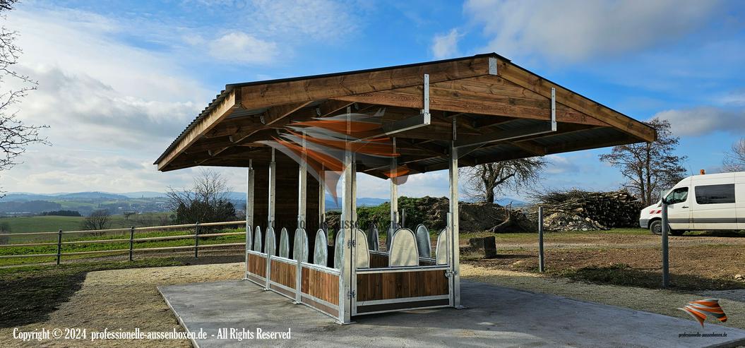 Bild 11: Heuraufe und Futterraufe - Weideraufe und Weidehütte mit Fressgitter | Offenstall