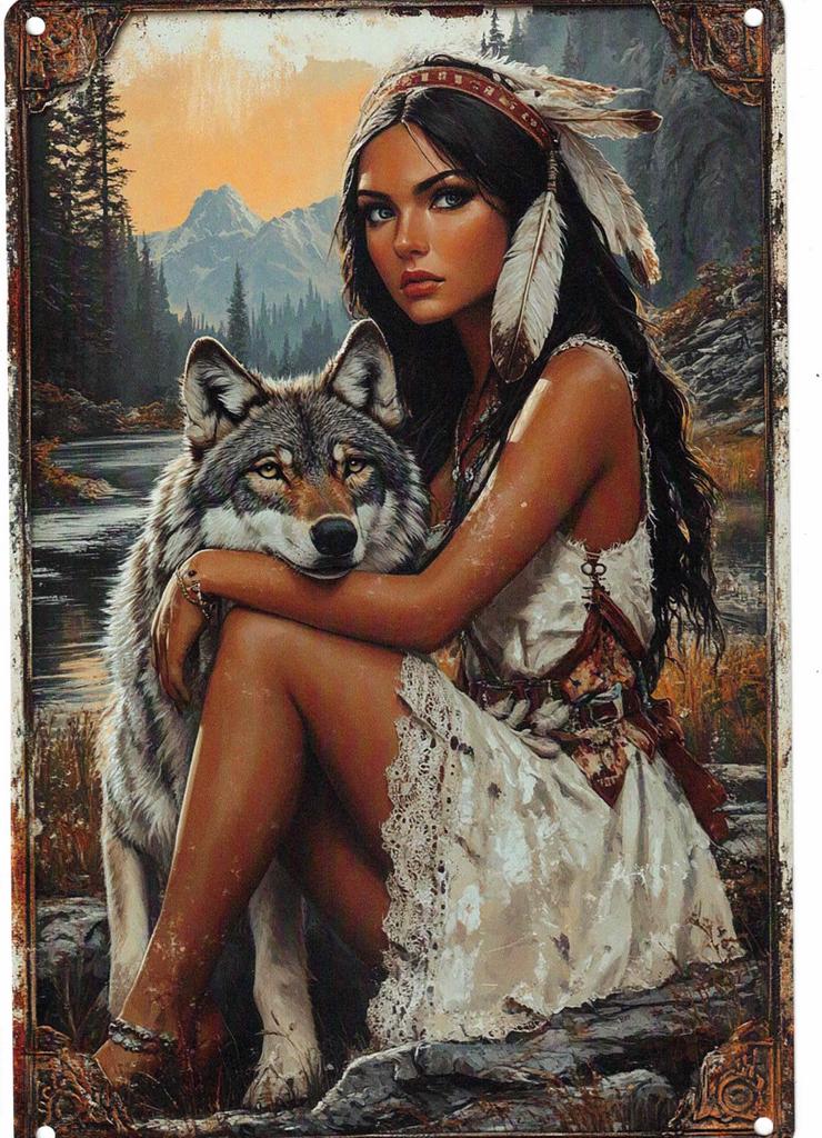 Blechschild Indianerin mit Wolf