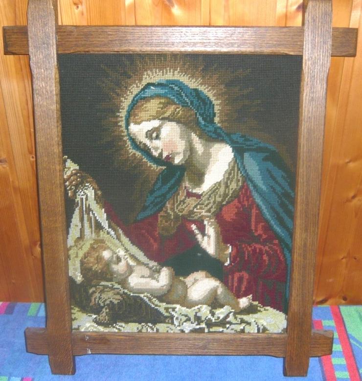 Alt großes feingesticktes Heiligenbild Maria u Jesus gerahmt TOP