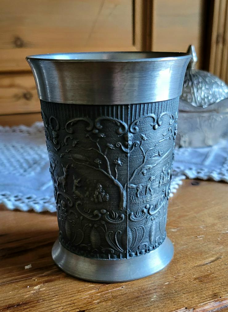  4 X Zinnbecher mit Jagdmotiv