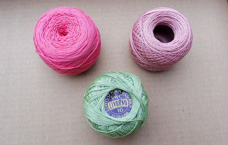 3 Glanzhäkelgarne pink, altrosa und hellgrün je 50 gr.