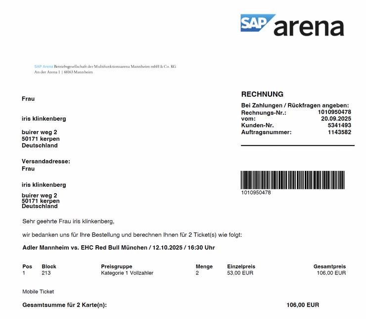 2 Tickets Adler Mannheim gegen ünchen