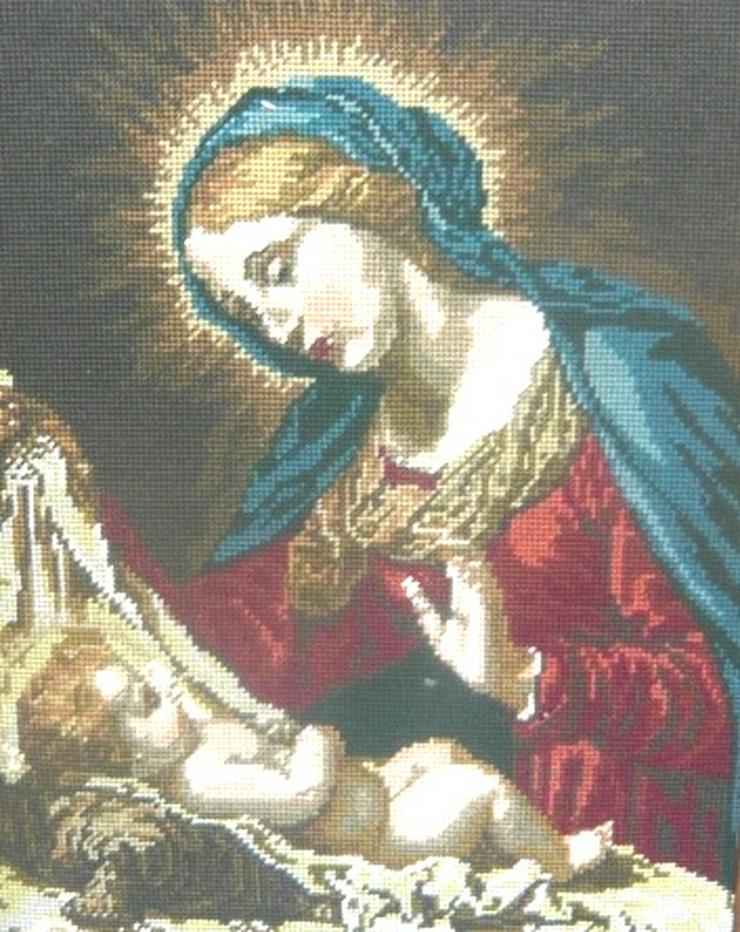 Altes großes feingesticktes Heiligenbild Maria u Jesus gerahmt  Gobelin TOP