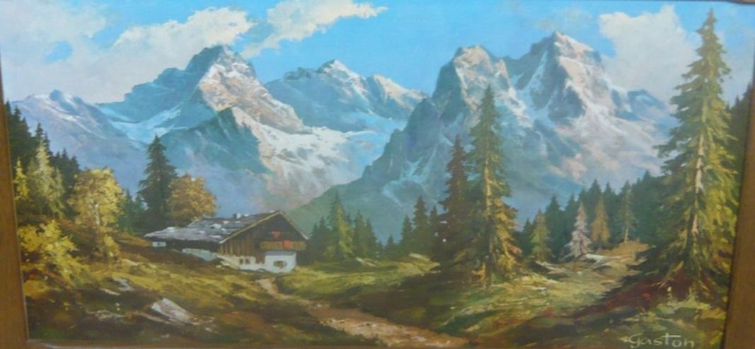 Bild 2: Ölgemälde Gebirgslandschaft signiert GASTON mit rustikalem Rahmen