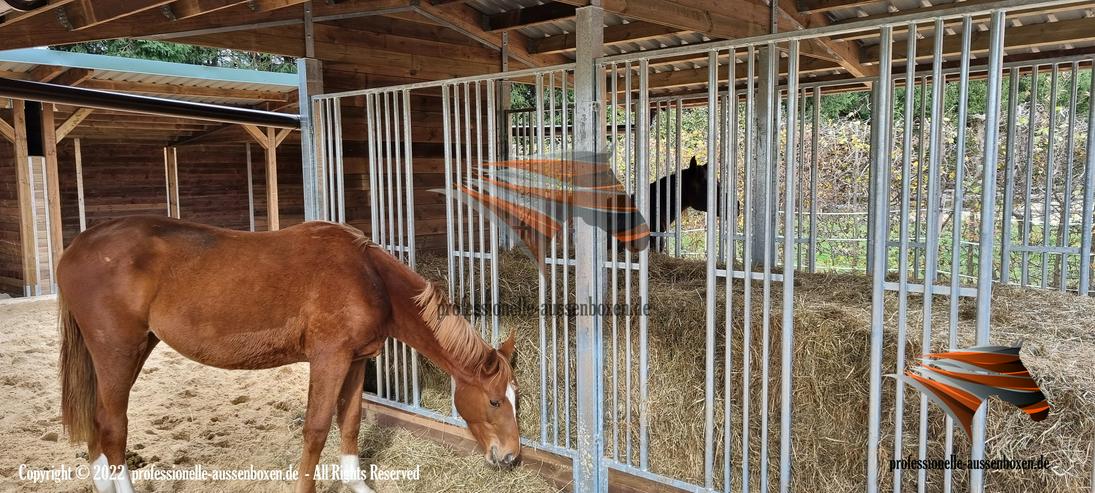 Bild 11: Pferderaufe, Heuraufe und Futterraufe mit Fressgitter für den Offenstall