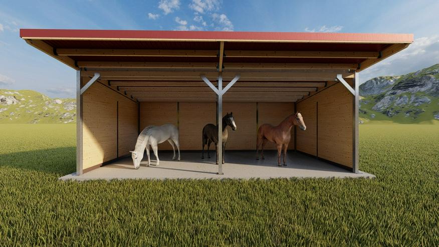 Bild 8: Weidehütte mit Fressgitter & Unterstand, Laufstall und Offenstall