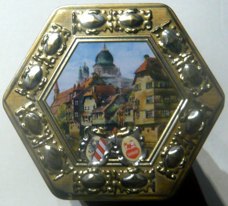 Bild 2: Alte Lebkuchen Blechdose 6eckig Schmidt Elisen Nürnberg Deko Vintage Sammler 