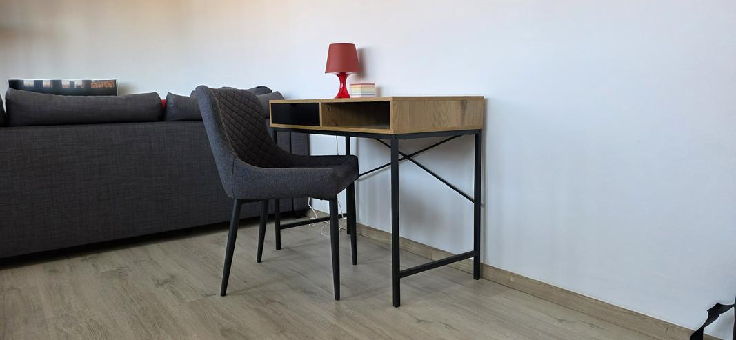 Schmaler Schreibtisch Eiche/ schwarz mit Stuhl grau
