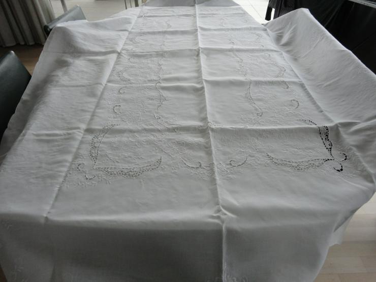Große antike Tischdecke mit Lochstickerei,floral,weiß