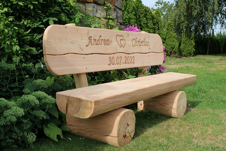 Bild 6: Holzbank mit Beschriftung. Gartenbank mit Gravur. Jubiläumsgeschenk.