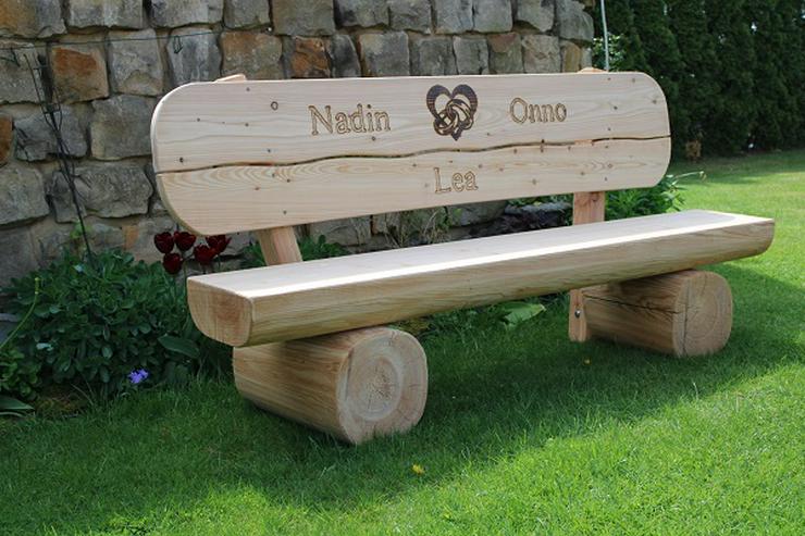 Bild 5: Holzbank mit Beschriftung. Gartenbank mit Gravur. Jubiläumsgeschenk.