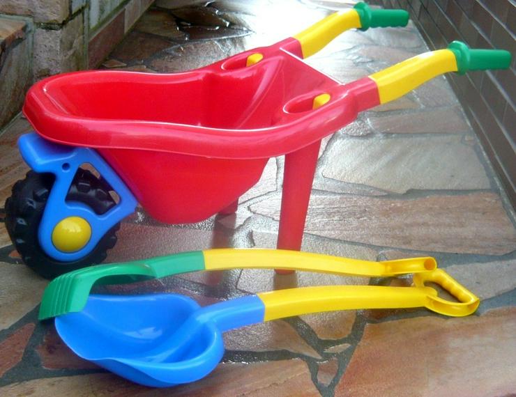Bild 5: Kinderschubkarre mit Schaufel und Rechen NEU buntes Set